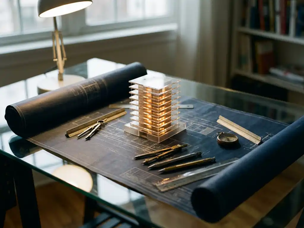 Architectuurblauwdruk op glazen bureau met transparant gebouwmodel, passer en tekengereedschap in marineblauw en zilver tinten.