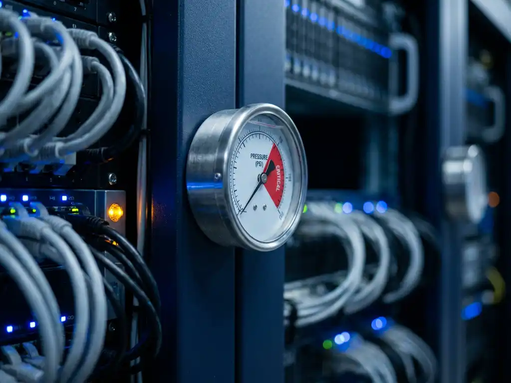 Precisiemanometer op een serverrack met naald nabij kritieke grens, omgeven door kabels en blauwe indicatielampjes in een datacenter.