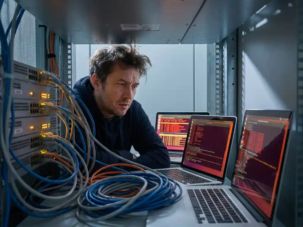 Gefrustreerde IT-engineer omringd door verwarde ethernetkabels, amber foutmeldingen weerspiegeld op zijn gezicht in donkere serverruimte.