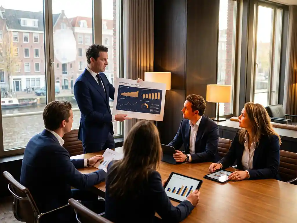 Professional presenteert performance dashboard rapport aan collega's rond vergadertafel in modern Amsterdams kantoor met marineblauw en amberkleurig interieur.