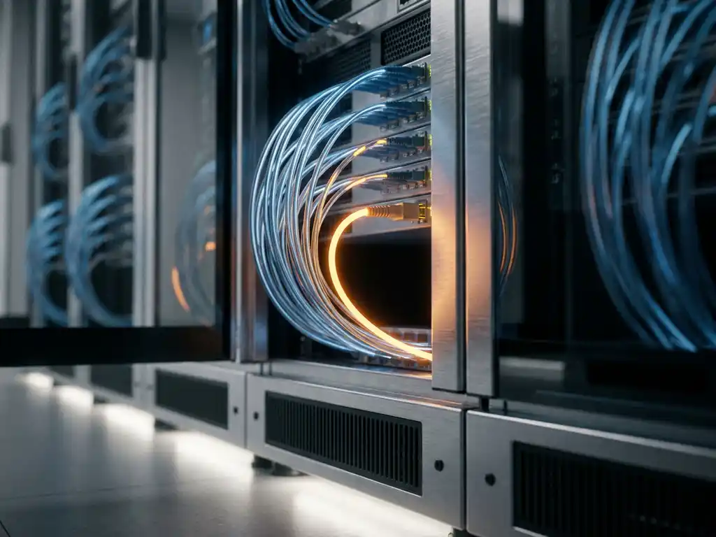 Glasvezelkabels in een datacenter met een amberkleurig waarschuwingssignaal dat pulseert tegen een stalen serverrack.