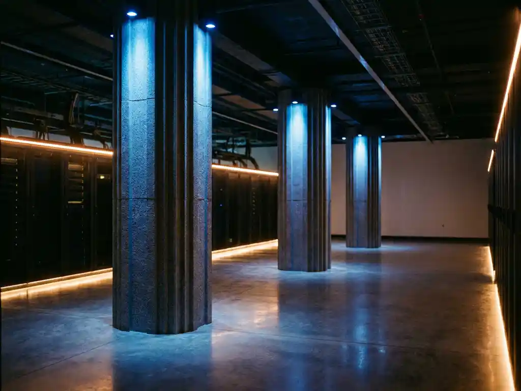 Drie architectonische kolommen in een moderne serverruimte met blauwe lichtbundels op betonnen vloer.