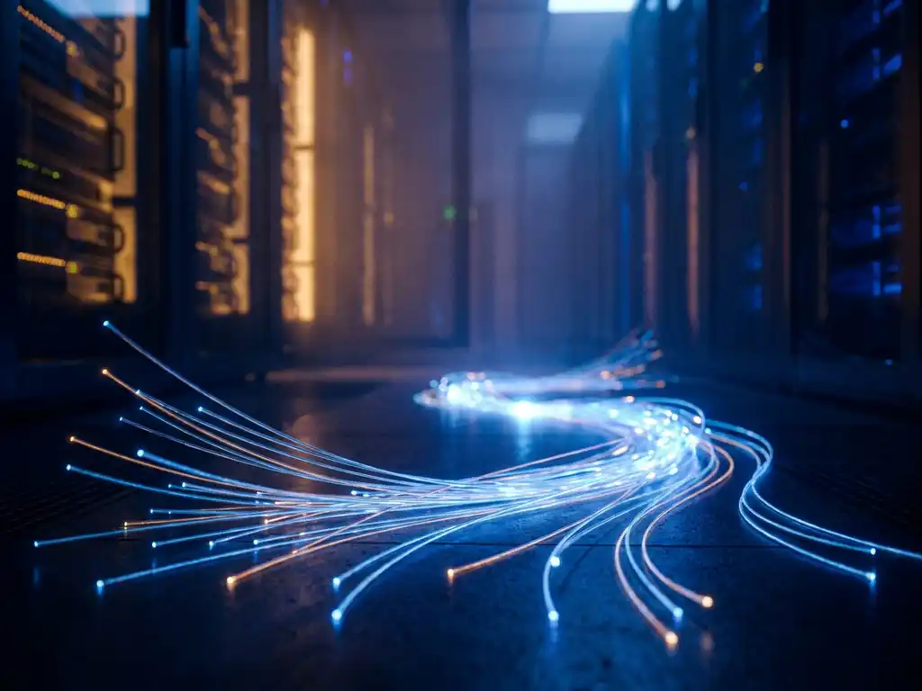 Verlichte glasvezelkabels convergeren naar één gloeiend punt op een serverroomvloer, met blauwe en amberkleurige tonen.