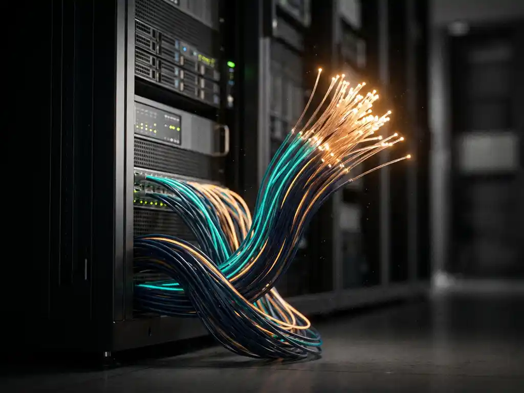 Verlichte glasvezeldraden vertakken zich als een boom vanuit een serverrack, met diepblauwe en elektrisch teal tinten en warme amber accenten.